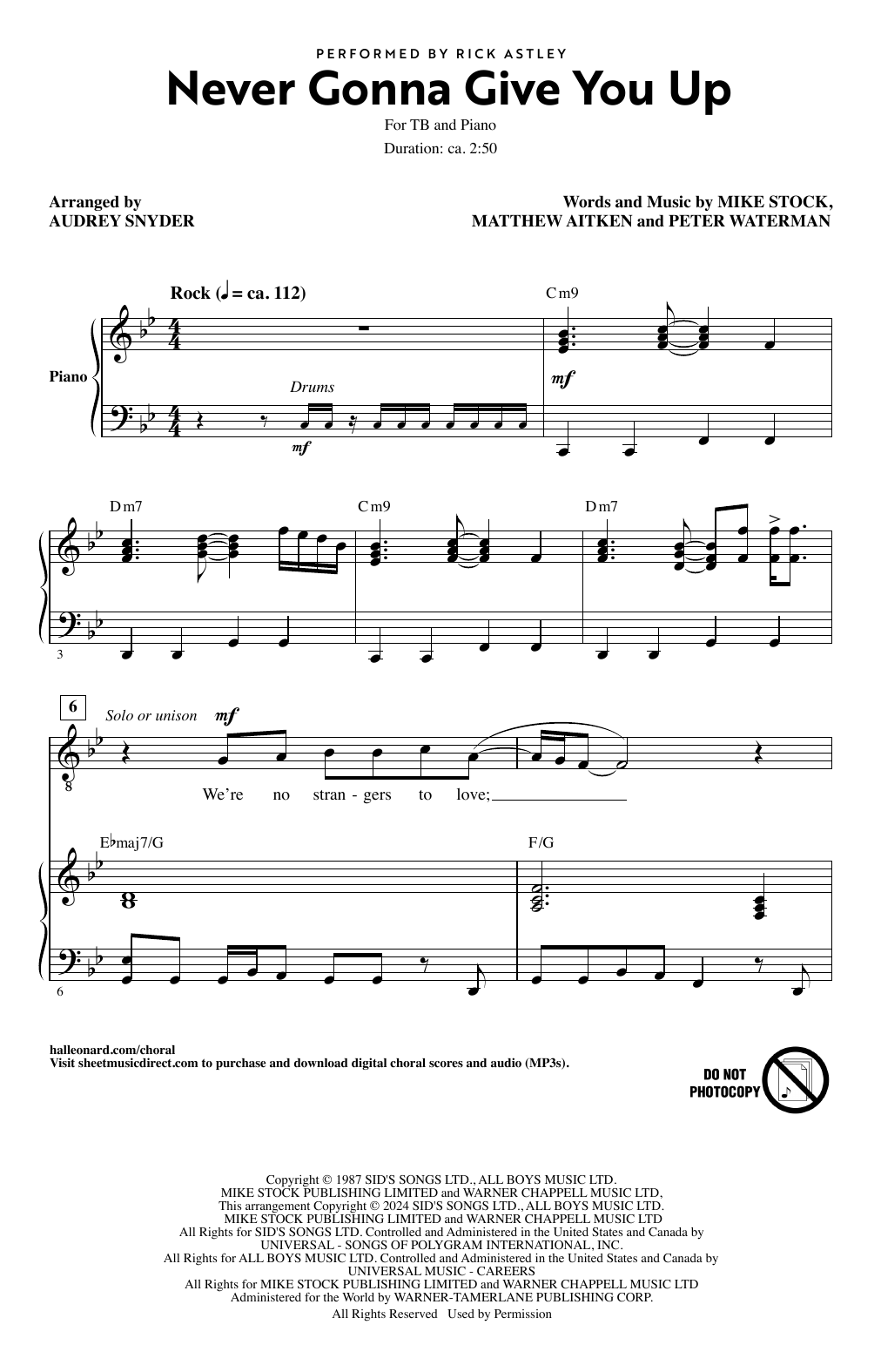 Rick Astley Never Gonna Give You Up (arr. Audrey Snyder) sheet music notes and chords arranged for TB Choir