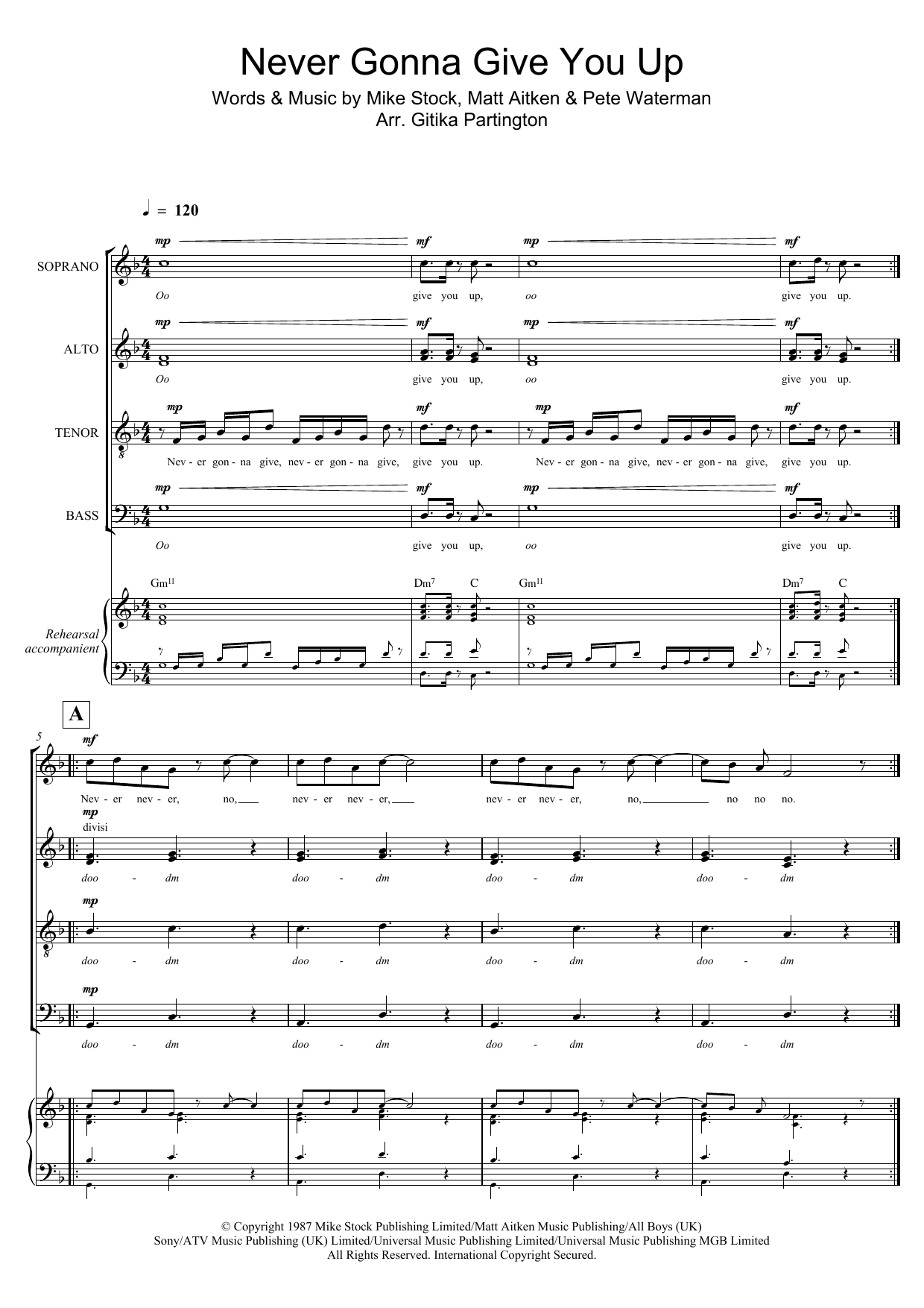 Rick Astley Never Gonna Give You Up (Arr. Gitika Partington) sheet music notes and chords arranged for Choir