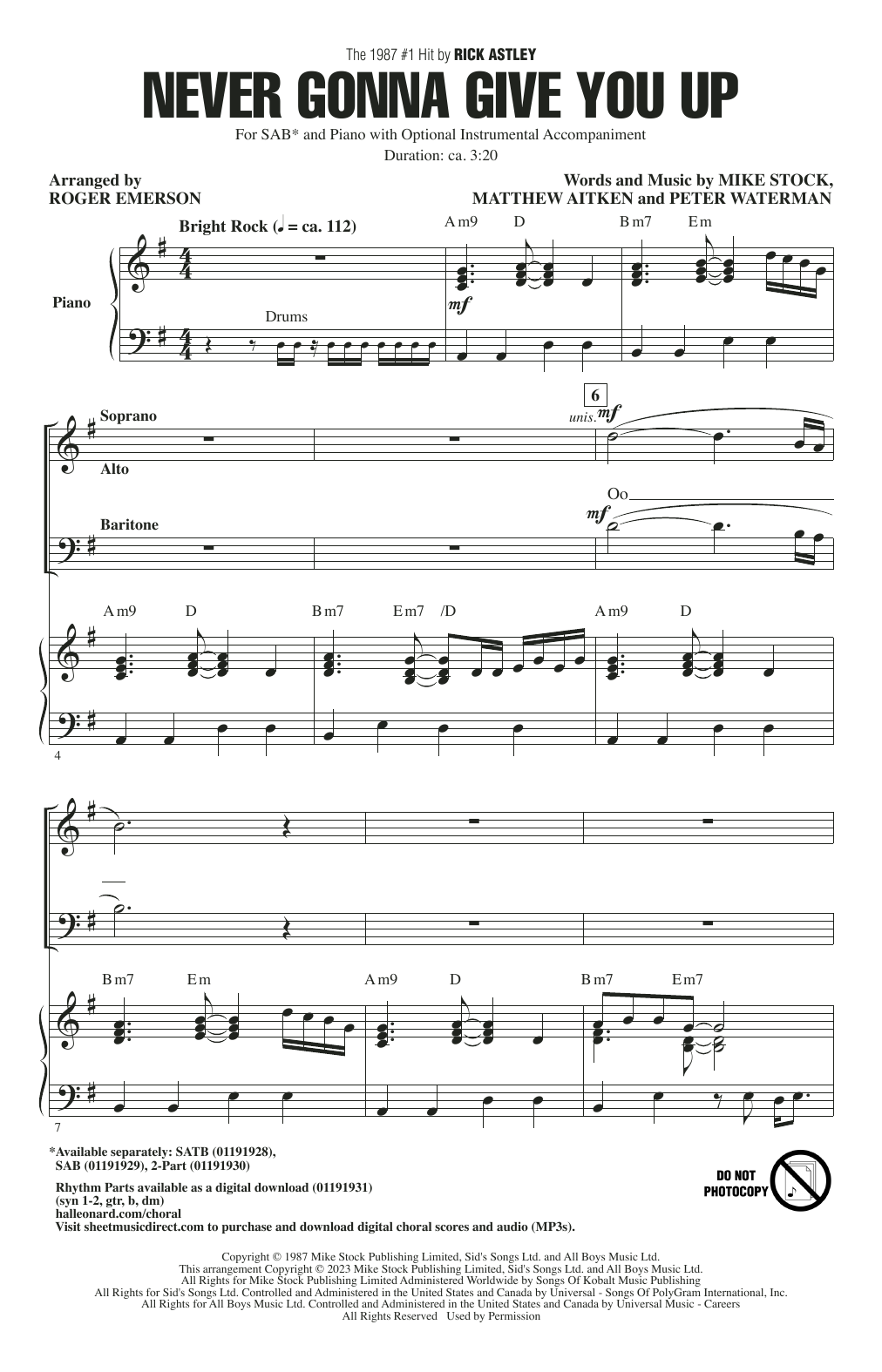 Rick Astley Never Gonna Give You Up (arr. Roger Emerson) sheet music notes and chords arranged for 2-Part Choir