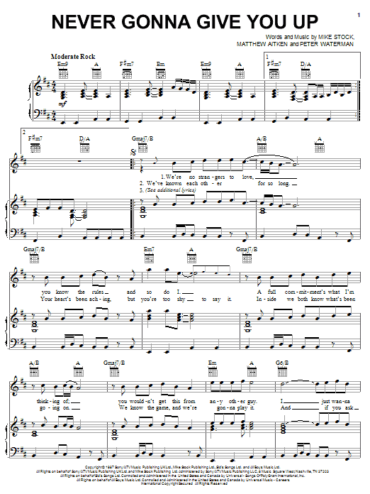 Rick Astley Never Gonna Give You Up sheet music notes and chords arranged for Easy Piano