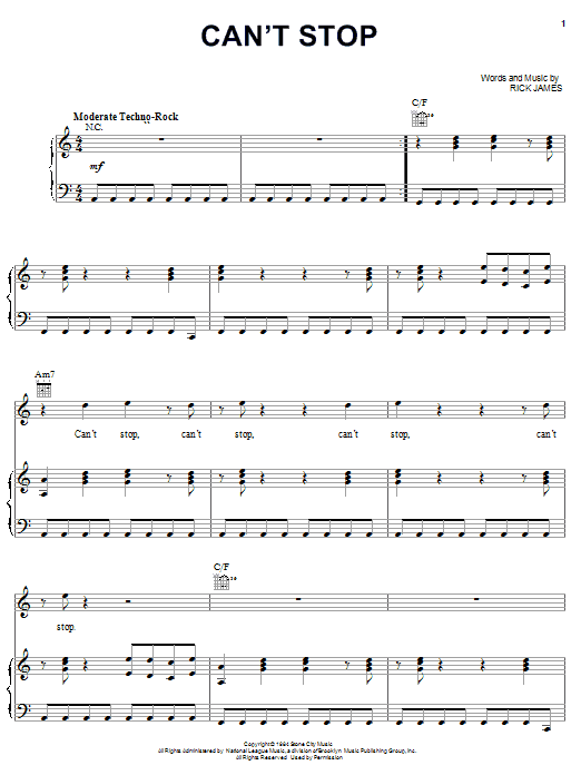 Rick James Can't Stop sheet music notes and chords arranged for Piano, Vocal & Guitar Chords (Right-Hand Melody)