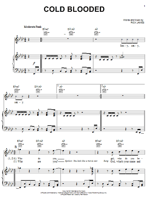 Rick James Cold Blooded sheet music notes and chords arranged for Piano, Vocal & Guitar Chords (Right-Hand Melody)