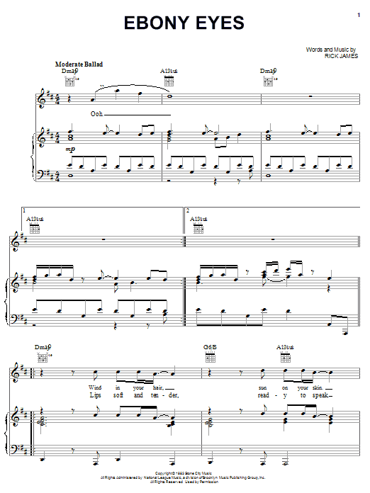 Rick James Ebony Eyes sheet music notes and chords arranged for Piano, Vocal & Guitar Chords (Right-Hand Melody)