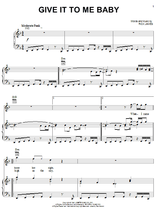 Rick James Give It To Me Baby sheet music notes and chords arranged for Piano, Vocal & Guitar Chords (Right-Hand Melody)