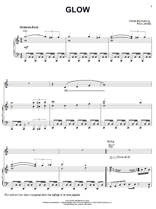 Rick James Glow sheet music notes and chords arranged for Piano, Vocal & Guitar Chords (Right-Hand Melody)