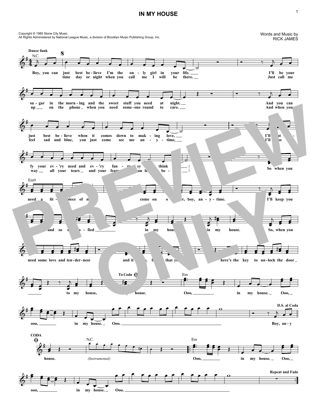 Rick James In My House sheet music notes and chords arranged for Lead Sheet / Fake Book