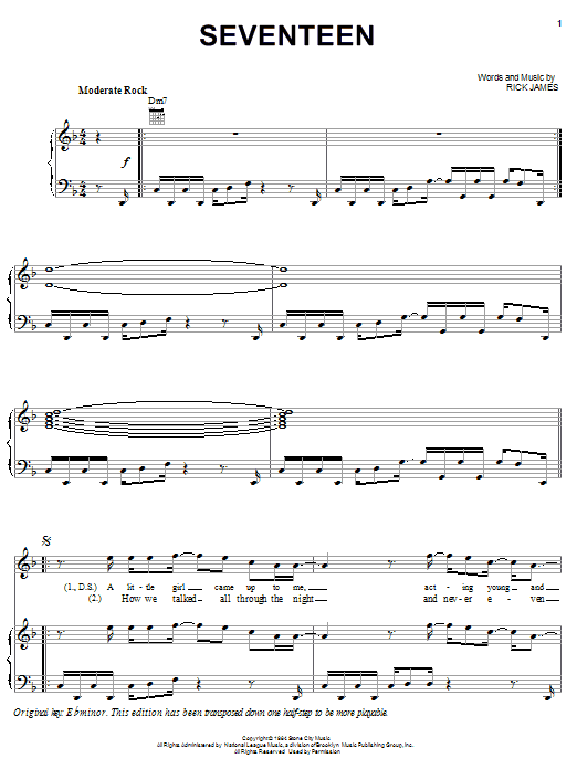 Rick James Seventeen sheet music notes and chords arranged for Piano, Vocal & Guitar Chords (Right-Hand Melody)