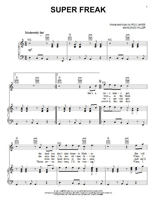 Rick James Super Freak sheet music notes and chords arranged for Piano, Vocal & Guitar Chords (Right-Hand Melody)
