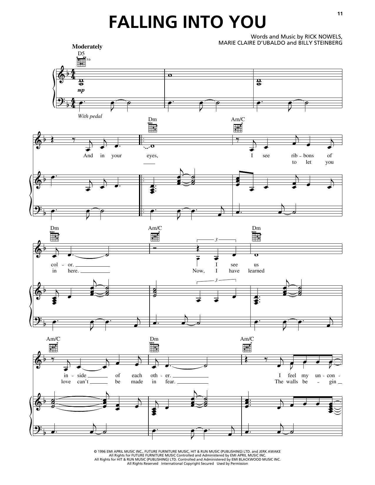 Rick Nowels Falling Into You sheet music notes and chords arranged for Piano, Vocal & Guitar Chords (Right-Hand Melody)