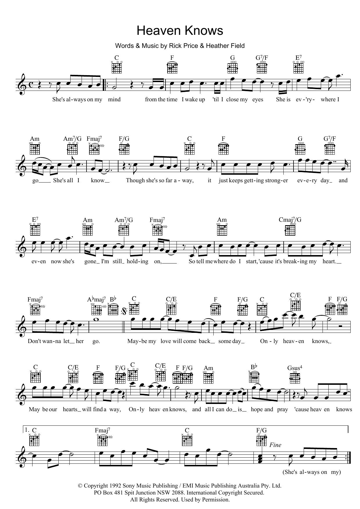 Rick Price Heaven Knows sheet music notes and chords arranged for Lead Sheet / Fake Book