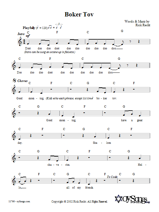 Rick Recht Boker Tov sheet music notes and chords arranged for Lead Sheet / Fake Book