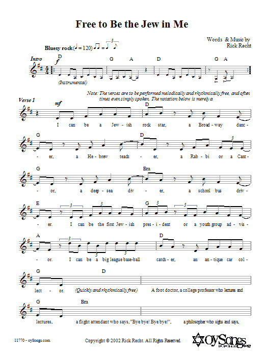 Rick Recht Free To Be The Jew In Me sheet music notes and chords arranged for Lead Sheet / Fake Book