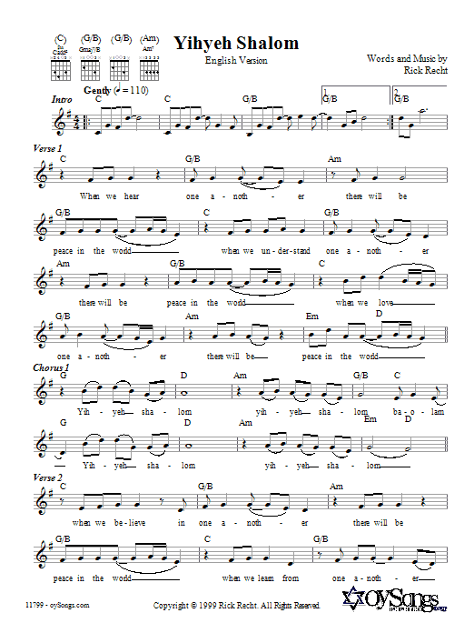 Rick Recht Yihyeh Shalom (English version) sheet music notes and chords arranged for Lead Sheet / Fake Book