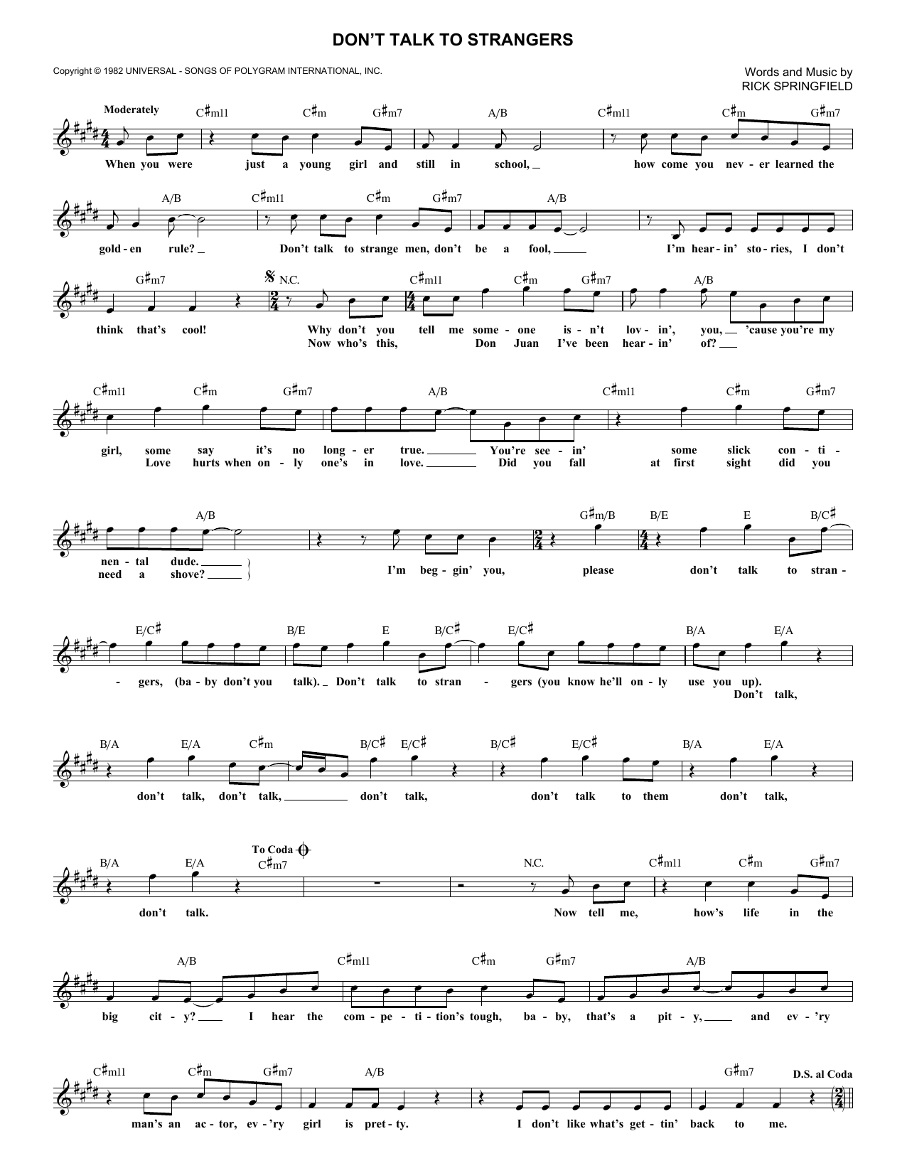 Rick Springfield Don't Talk To Strangers sheet music notes and chords arranged for Lead Sheet / Fake Book