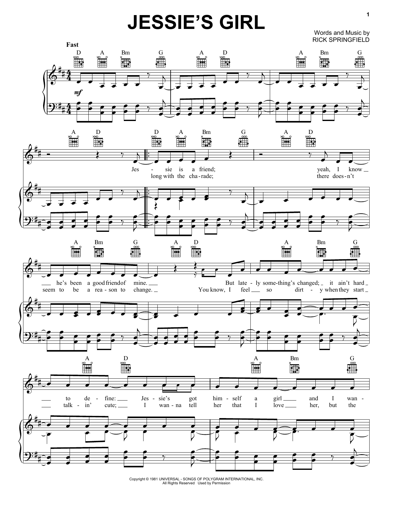 Rick Springfield Jessie's Girl sheet music notes and chords arranged for Flute Duet