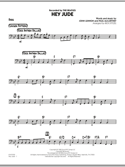 Rick Stitzel Hey Jude - Bass sheet music notes and chords. Download Printable PDF.