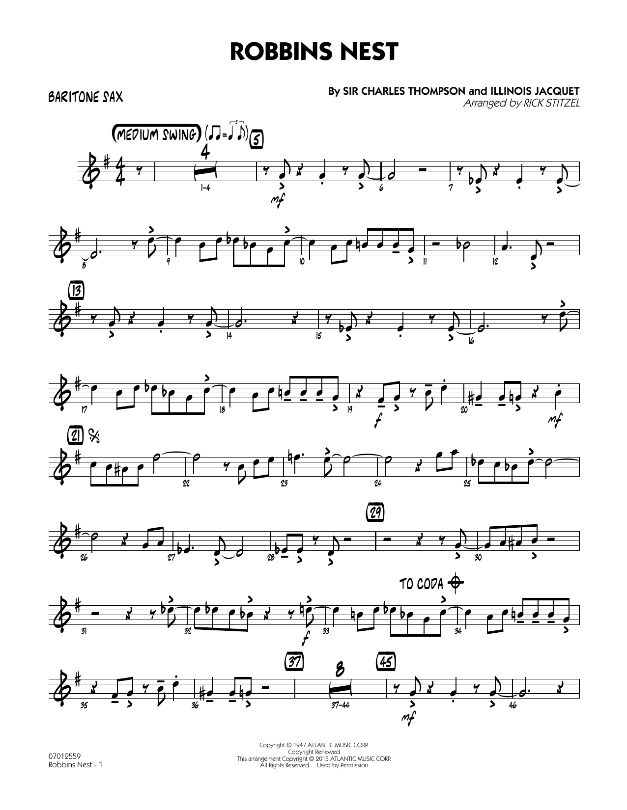 Rick Stitzel Robbins Nest - Baritone Sax sheet music notes and chords. Download Printable PDF.