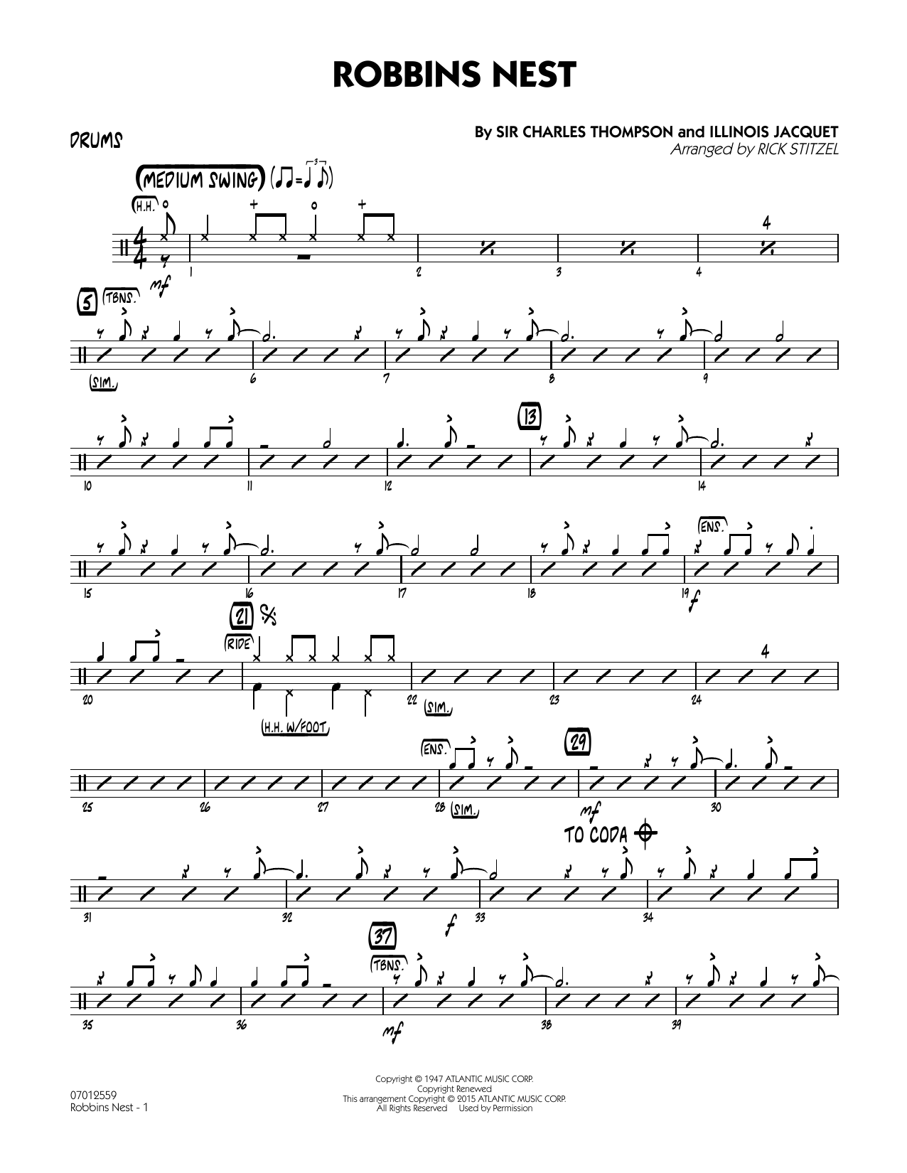 Rick Stitzel Robbins Nest - Drums sheet music notes and chords. Download Printable PDF.