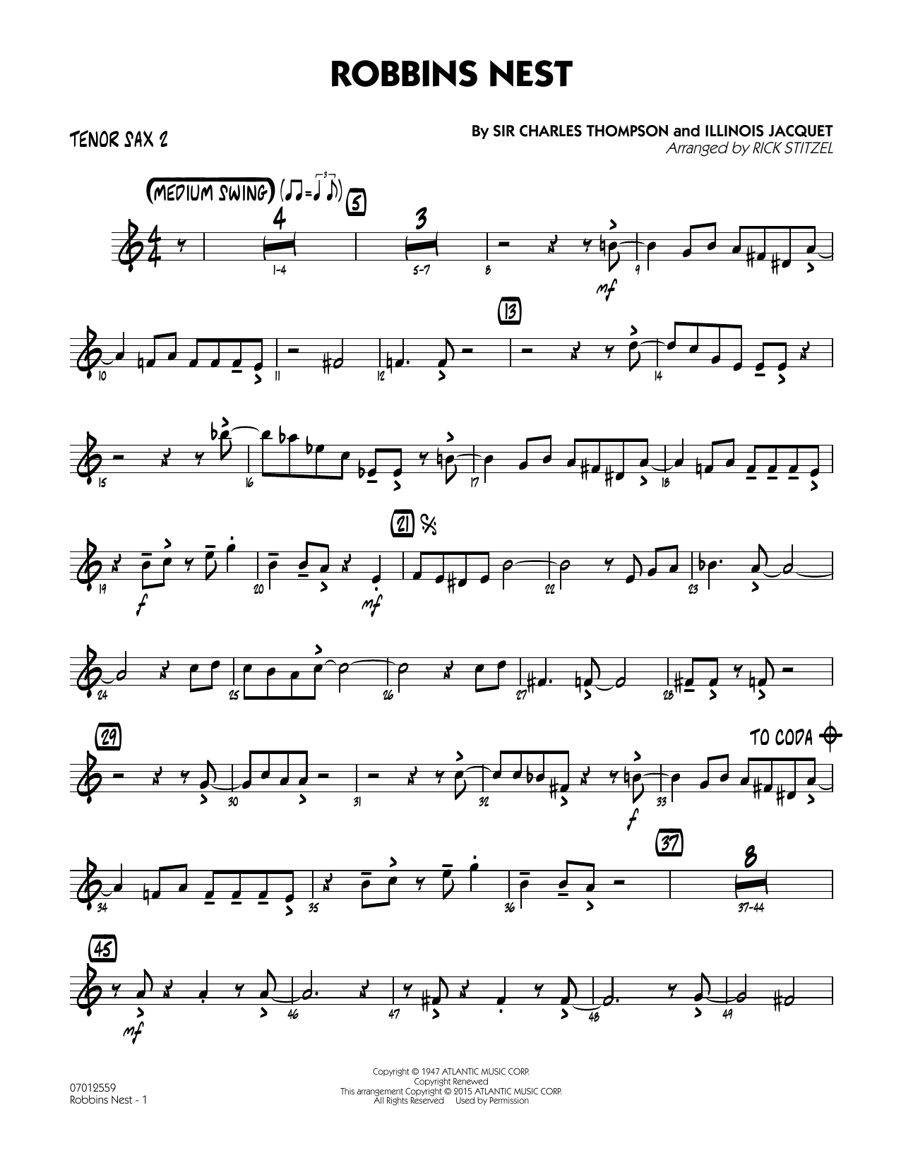 Rick Stitzel Robbins Nest - Tenor Sax 2 sheet music notes and chords. Download Printable PDF.