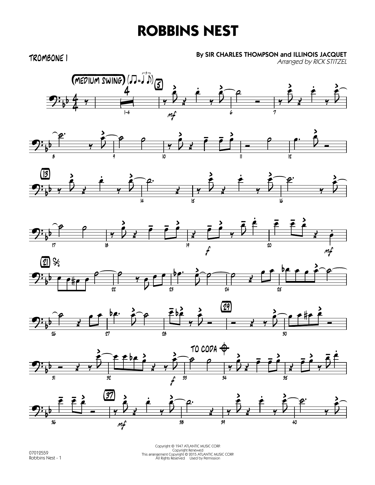 Rick Stitzel Robbins Nest - Trombone 1 sheet music notes and chords. Download Printable PDF.