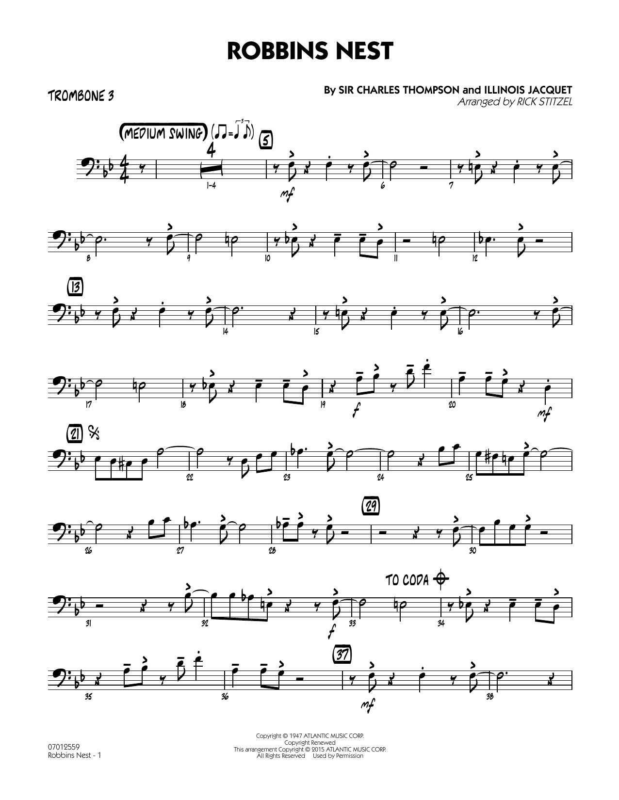 Rick Stitzel Robbins Nest - Trombone 3 sheet music notes and chords. Download Printable PDF.