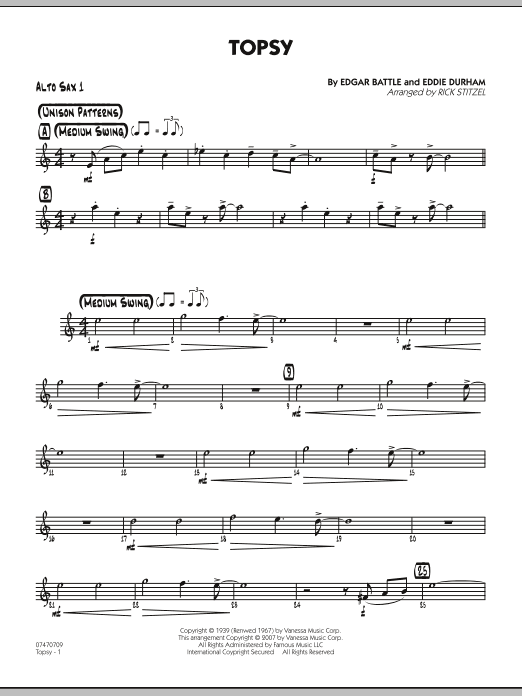Rick Stitzel Topsy - Alto Sax 1 sheet music notes and chords. Download Printable PDF.