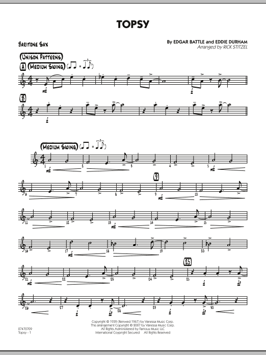 Rick Stitzel Topsy - Baritone Sax sheet music notes and chords. Download Printable PDF.
