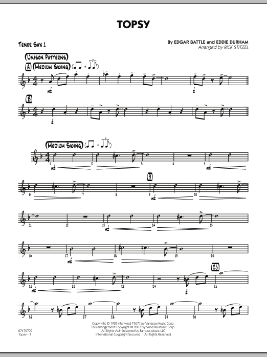Rick Stitzel Topsy - Tenor Sax 1 sheet music notes and chords. Download Printable PDF.