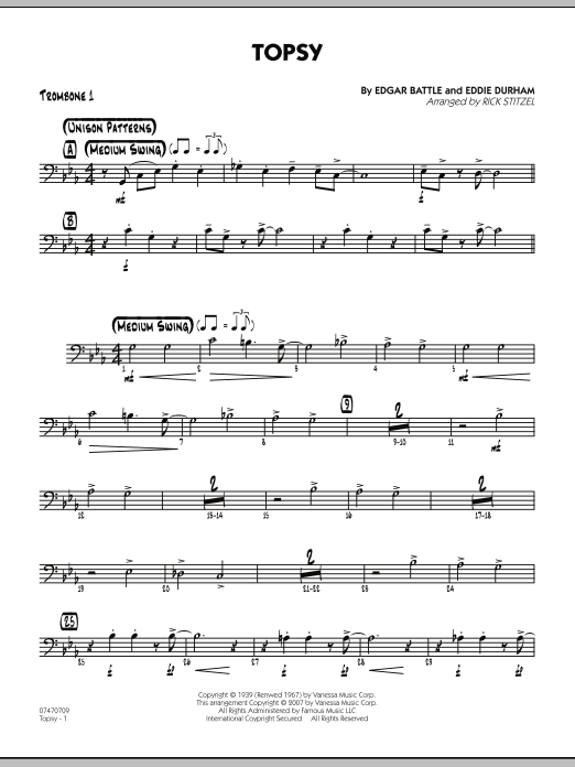 Rick Stitzel Topsy - Trombone 1 sheet music notes and chords. Download Printable PDF.