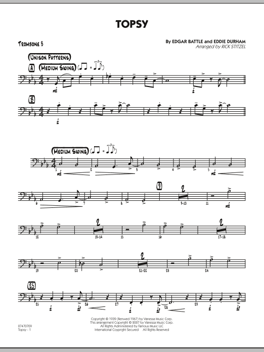 Rick Stitzel Topsy - Trombone 3 sheet music notes and chords. Download Printable PDF.