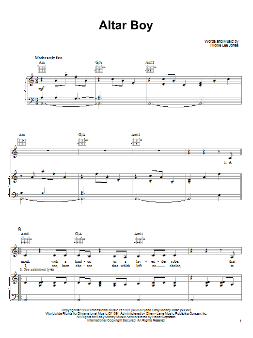 Rickie Lee Jones Altar Boy sheet music notes and chords arranged for Piano, Vocal & Guitar Chords (Right-Hand Melody)