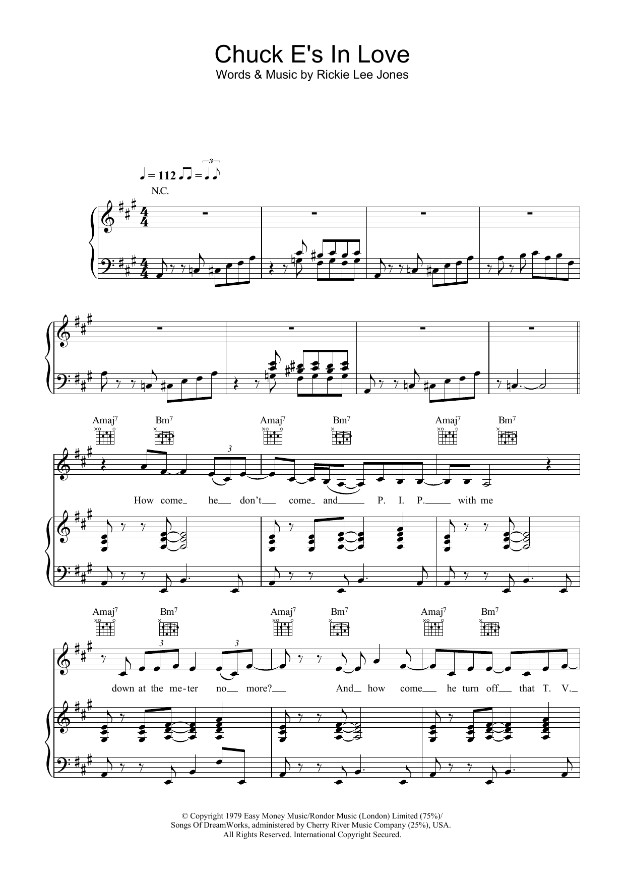 Rickie Lee Jones Chuck E's In Love sheet music notes and chords arranged for Piano, Vocal & Guitar Chords (Right-Hand Melody)