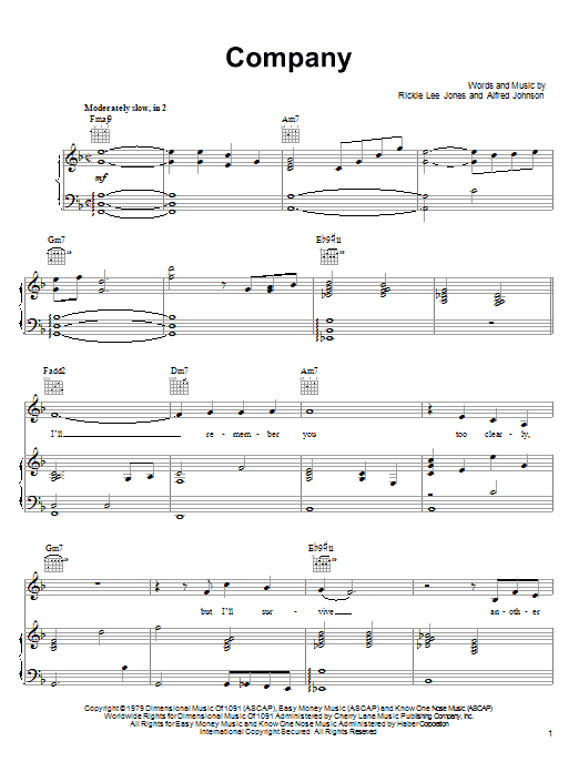 Rickie Lee Jones Company sheet music notes and chords arranged for Piano, Vocal & Guitar Chords (Right-Hand Melody)