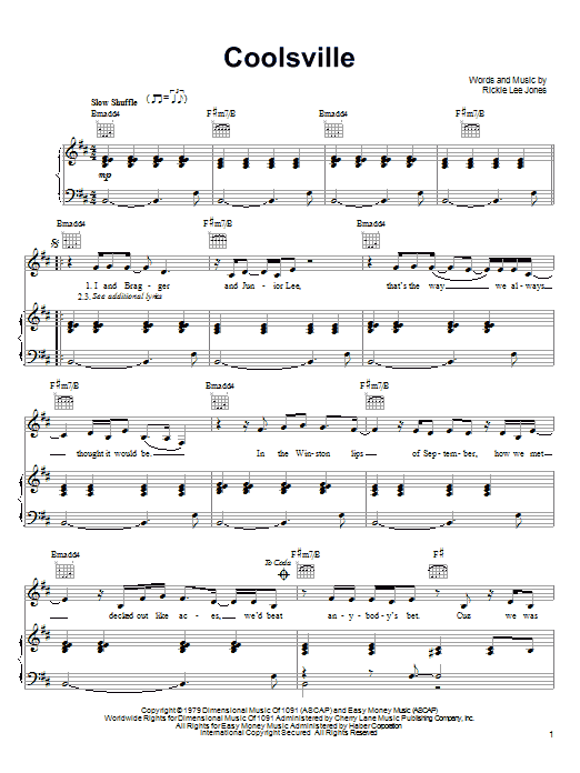 Rickie Lee Jones Coolsville sheet music notes and chords arranged for Piano, Vocal & Guitar Chords (Right-Hand Melody)