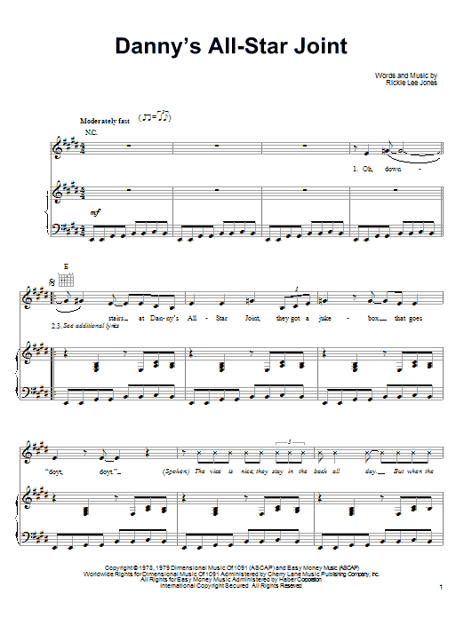 Rickie Lee Jones Danny's All-Star Joint sheet music notes and chords arranged for Piano, Vocal & Guitar Chords (Right-Hand Melody)