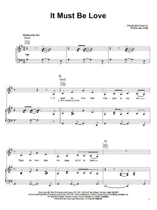 Rickie Lee Jones It Must Be Love sheet music notes and chords arranged for Piano, Vocal & Guitar Chords (Right-Hand Melody)