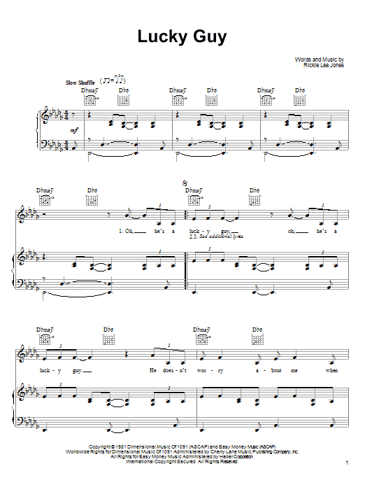 Rickie Lee Jones Lucky Guy sheet music notes and chords arranged for Piano, Vocal & Guitar Chords (Right-Hand Melody)