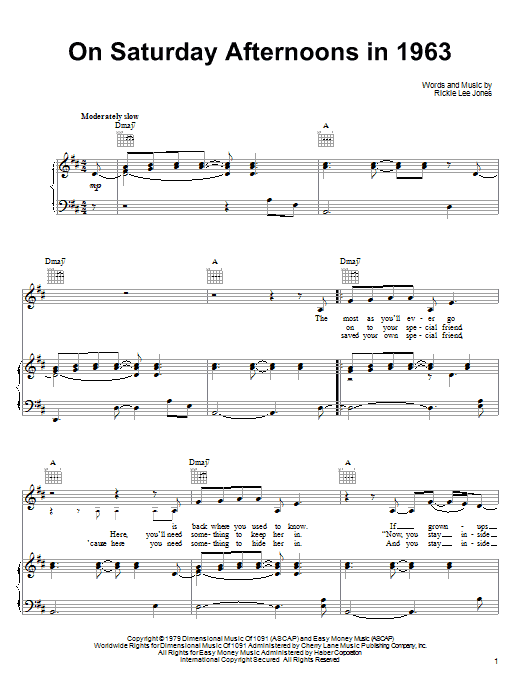 Rickie Lee Jones On Saturday Afternoons In 1963 sheet music notes and chords arranged for Piano, Vocal & Guitar Chords (Right-Hand Melody)