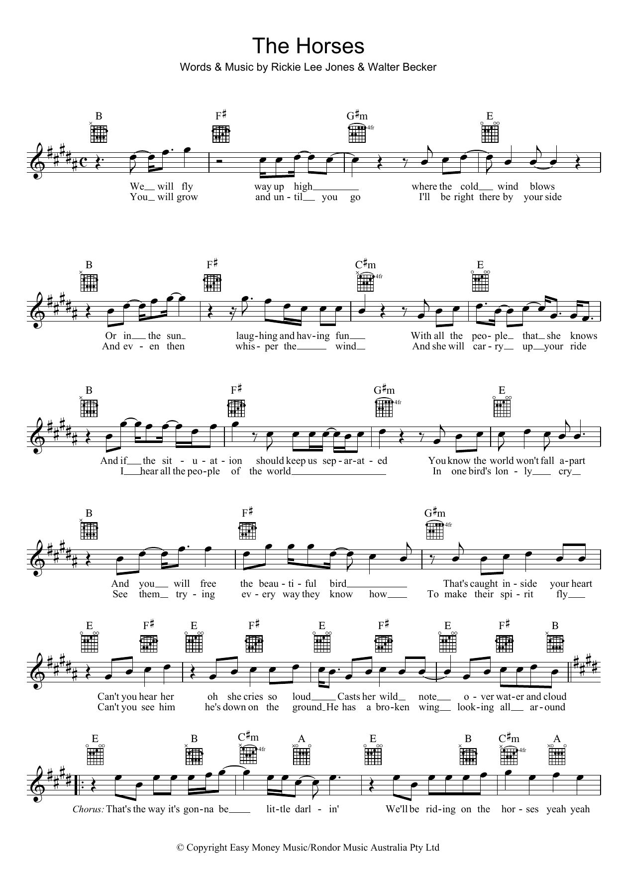 Rickie Lee Jones The Horses sheet music notes and chords arranged for Piano, Vocal & Guitar Chords (Right-Hand Melody)