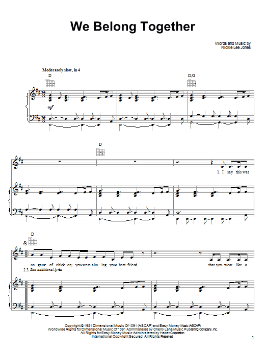 Rickie Lee Jones We Belong Together sheet music notes and chords arranged for Piano, Vocal & Guitar Chords (Right-Hand Melody)