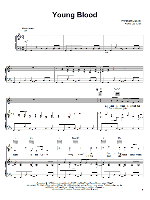 Rickie Lee Jones Young Blood sheet music notes and chords arranged for Piano, Vocal & Guitar Chords (Right-Hand Melody)