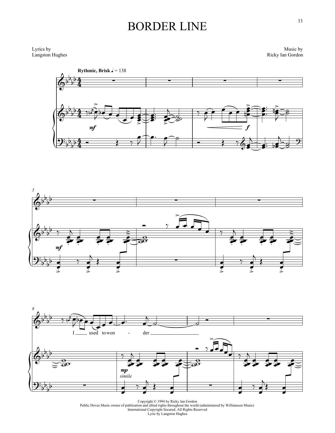 Ricky Ian Gordon Border Line sheet music notes and chords arranged for Piano & Vocal