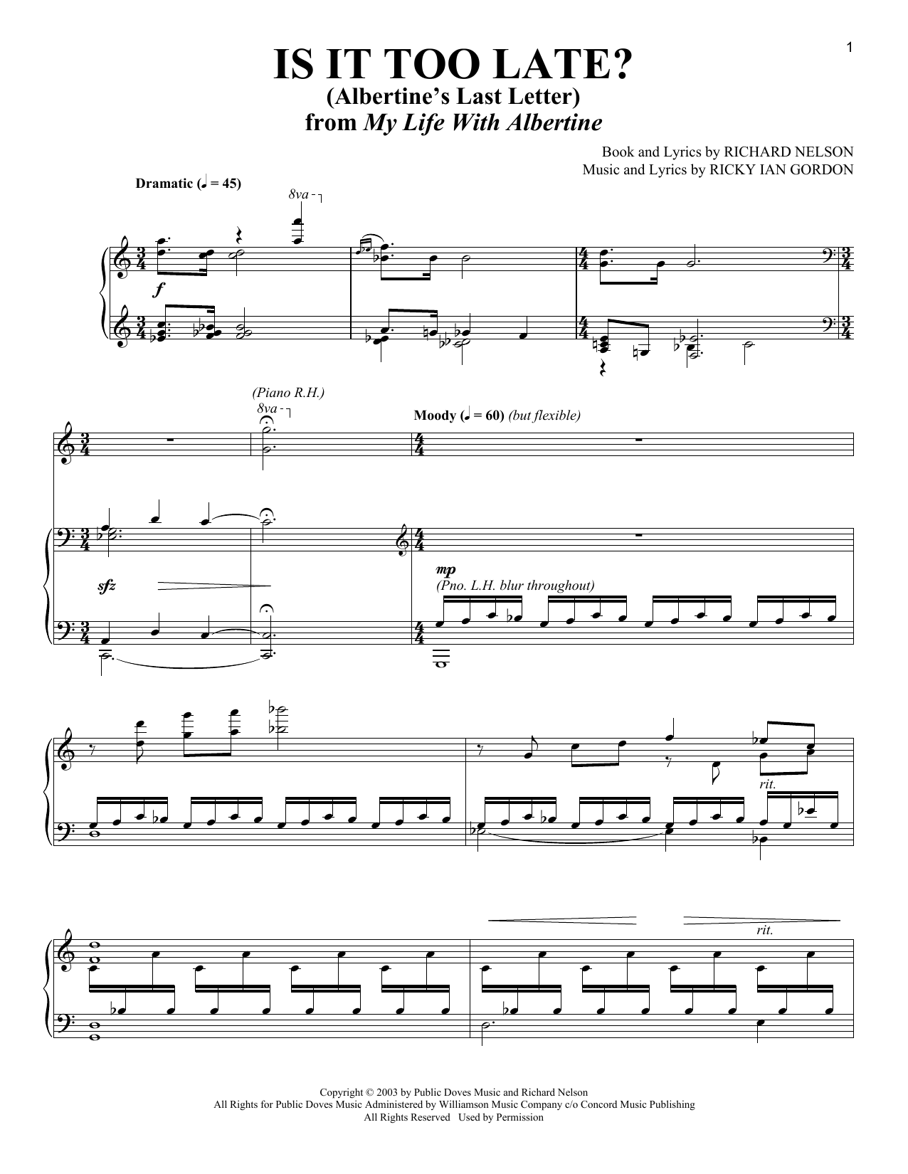 Ricky Ian Gordon Is It Too Late? (Albertine's Last Letter) (from My Life With Albertine) sheet music notes and chords arranged for Piano & Vocal