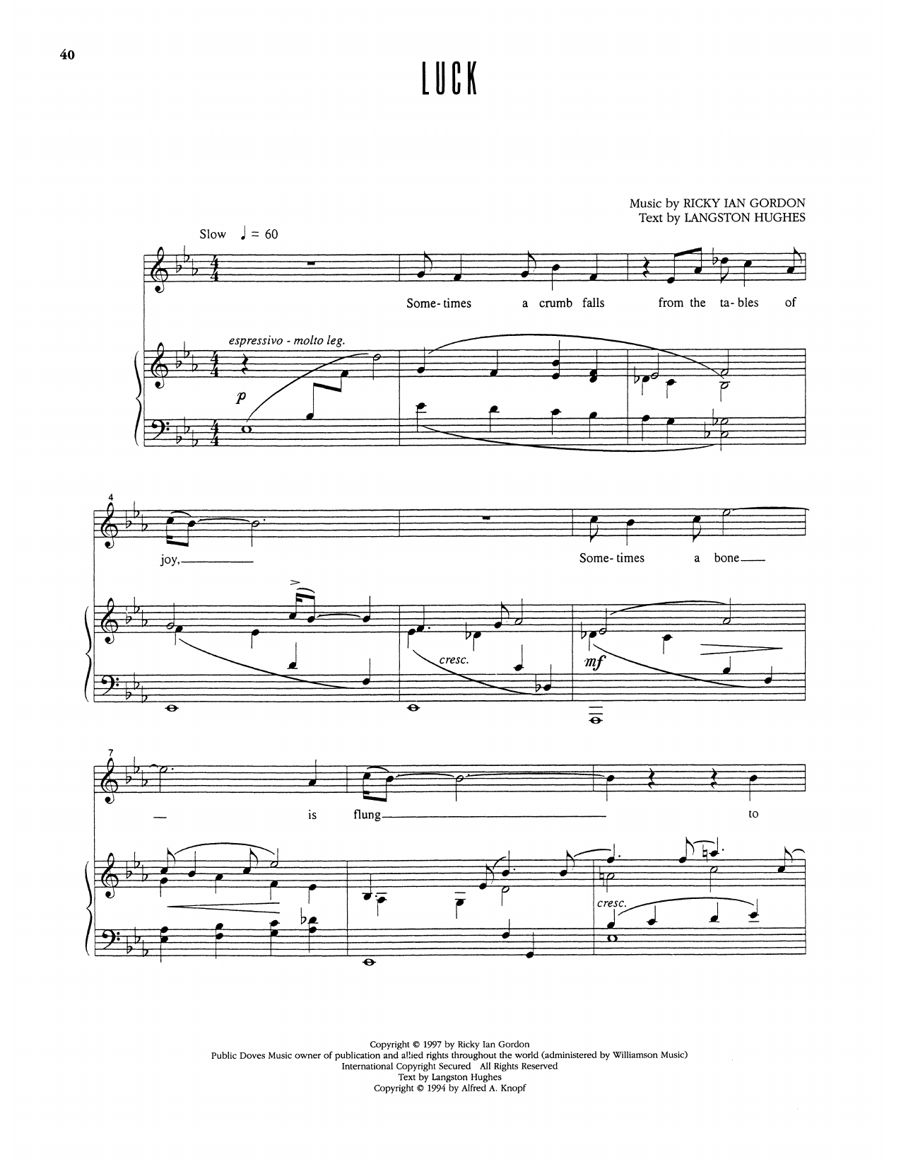 Ricky Ian Gordon Luck sheet music notes and chords arranged for Piano & Vocal