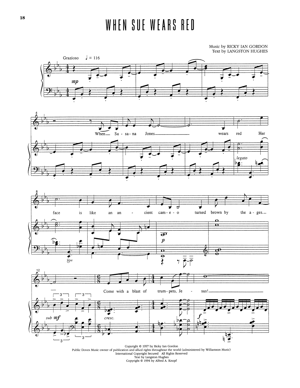Ricky Ian Gordon When Sue Wears Red sheet music notes and chords arranged for Piano & Vocal