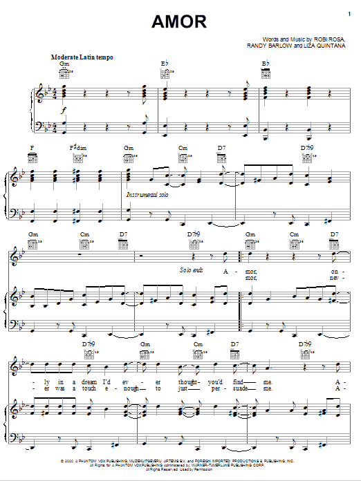 Ricky Martin Amor sheet music notes and chords arranged for Piano, Vocal & Guitar Chords (Right-Hand Melody)