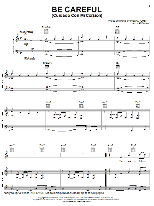 Ricky Martin Be Careful (Cuidado Con Mi Corazon) sheet music notes and chords arranged for Piano, Vocal & Guitar Chords (Right-Hand Melody)