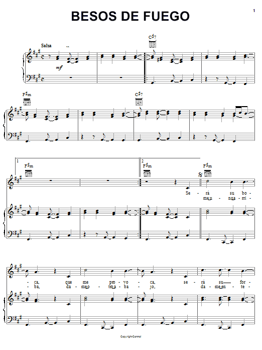 Ricky Martin Besos De Fuego sheet music notes and chords arranged for Piano, Vocal & Guitar Chords (Right-Hand Melody)