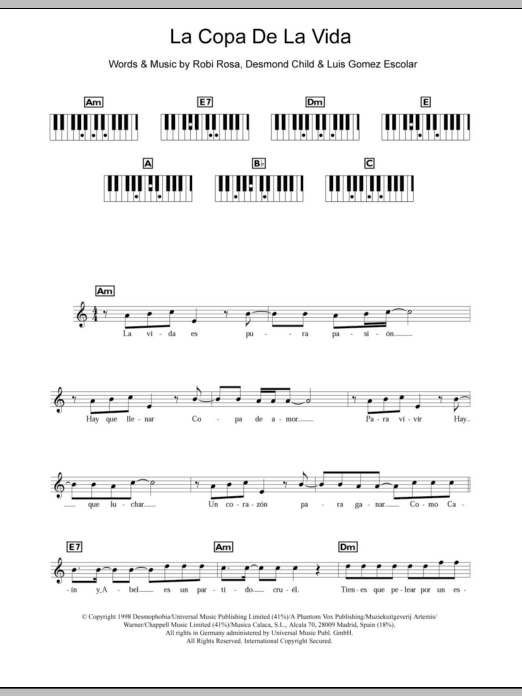 Ricky Martin La Copa De La Vida (The Cup Of Life) sheet music notes and chords arranged for Piano Chords/Lyrics