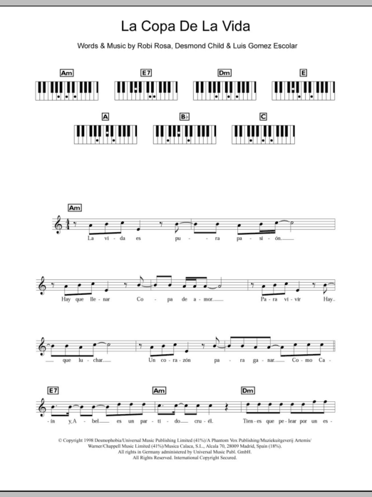 Ricky Martin La Copa De La Vida (The Cup Of Life) sheet music notes and chords arranged for Piano, Vocal & Guitar Chords